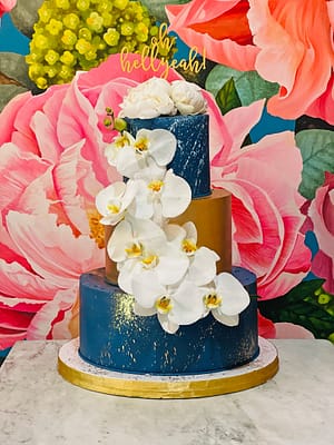 Huascar & Company Bakeshop Indigo and Gold Wedding Cake with Handmade Phalaenopsis Flowers