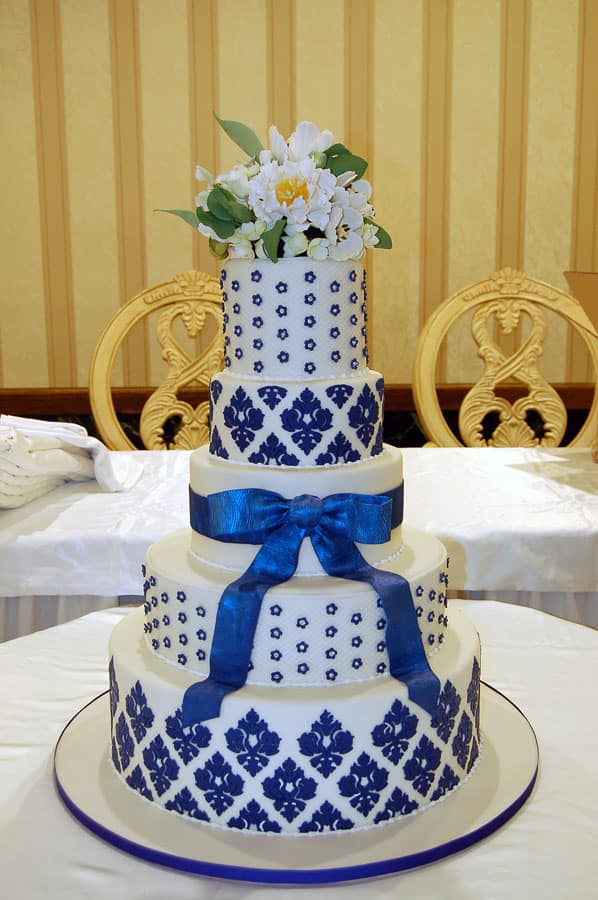 Huascar & Company Bakeshop Blue Damask Cake with Sugar Flowers